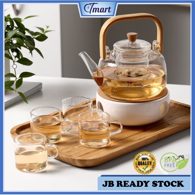 Japanese Style Glass Tea Pot 1000ml with Wooden Handle Glass Tea Cup High Quality Borosilicate Glass Tea Pot