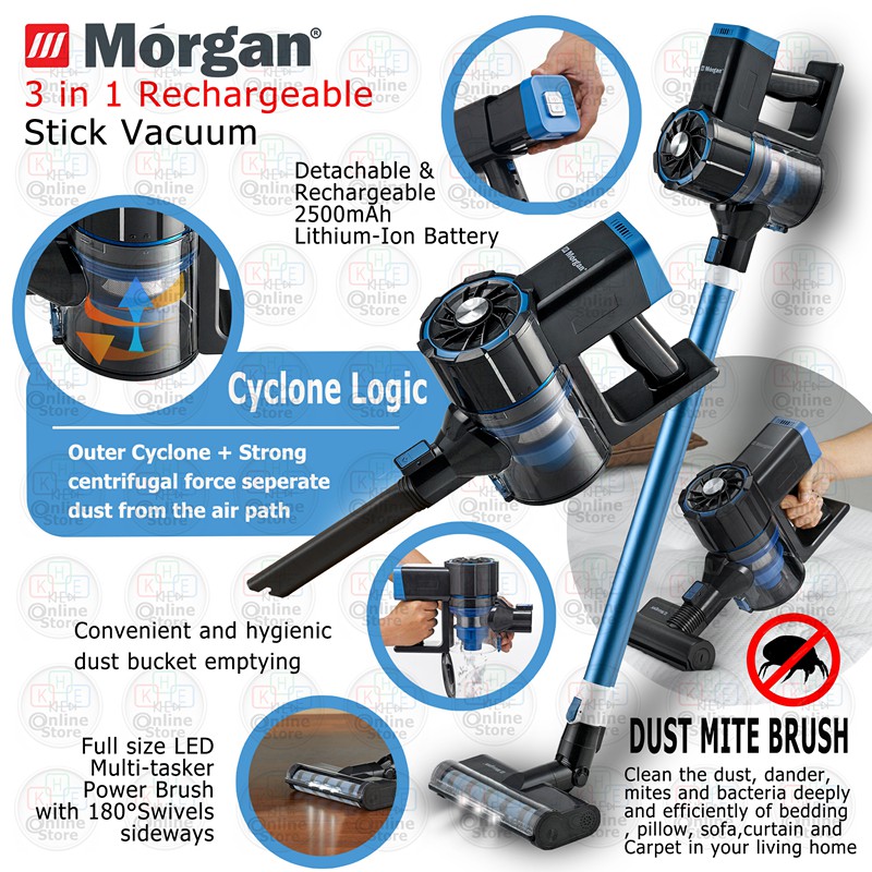 Morgan 3 in 1 Rechargeable Cordless Handheld Vacuum Cleaner with Dust Mite Brush MVC-CHS180DB  尘螨吸尘机