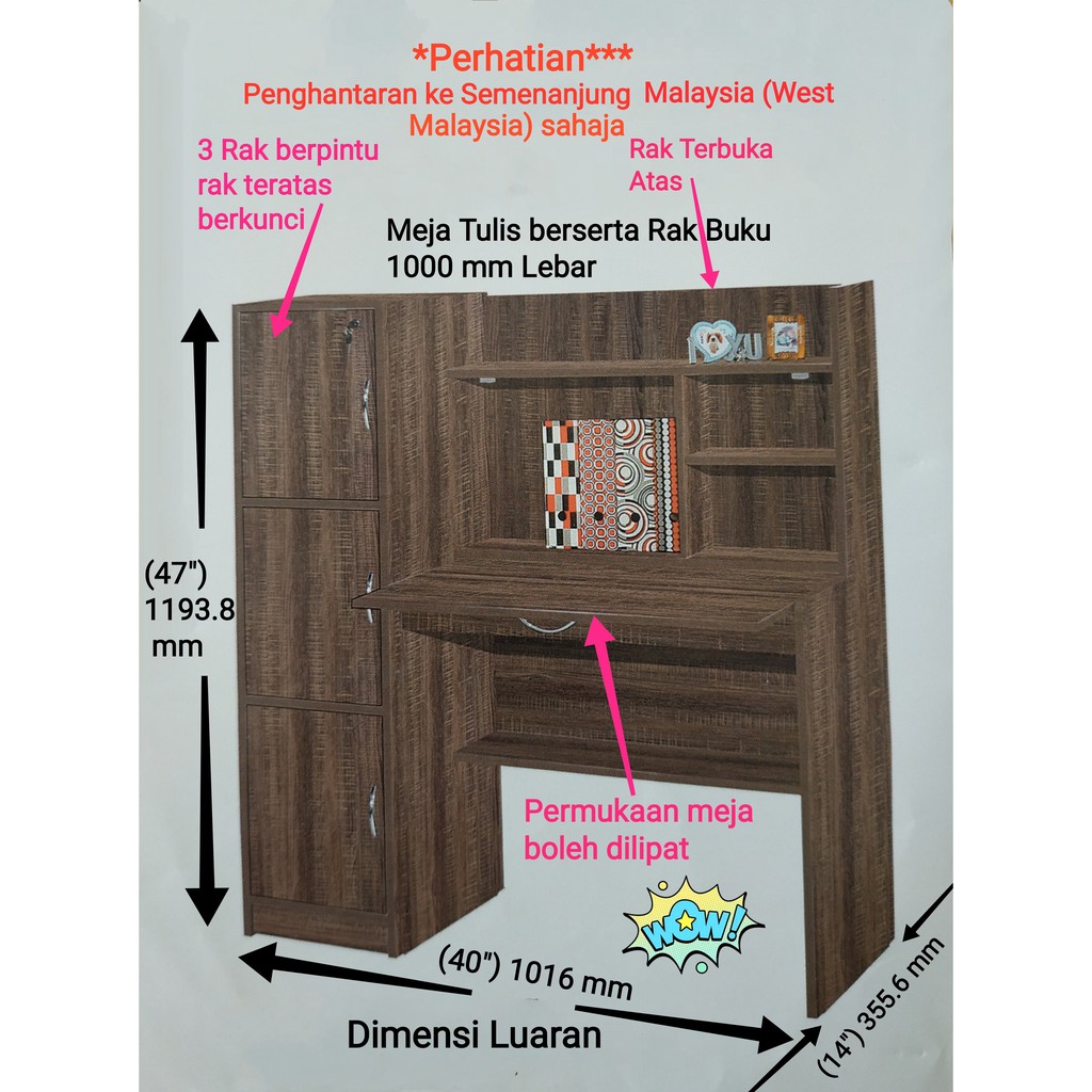 Study Table Meja Tulis berserta Rak Buku  Lebar  1000 mm 