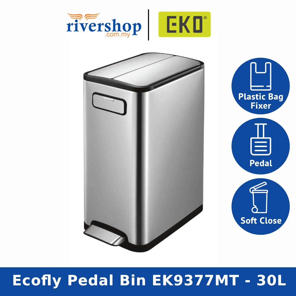 EKO Ecofly Pedal Bin EK9377MT - 30L Stainless Steel Dustbin Step On Bin Rubbish Bin Trash Can Kitchen Bin Tong Sampah