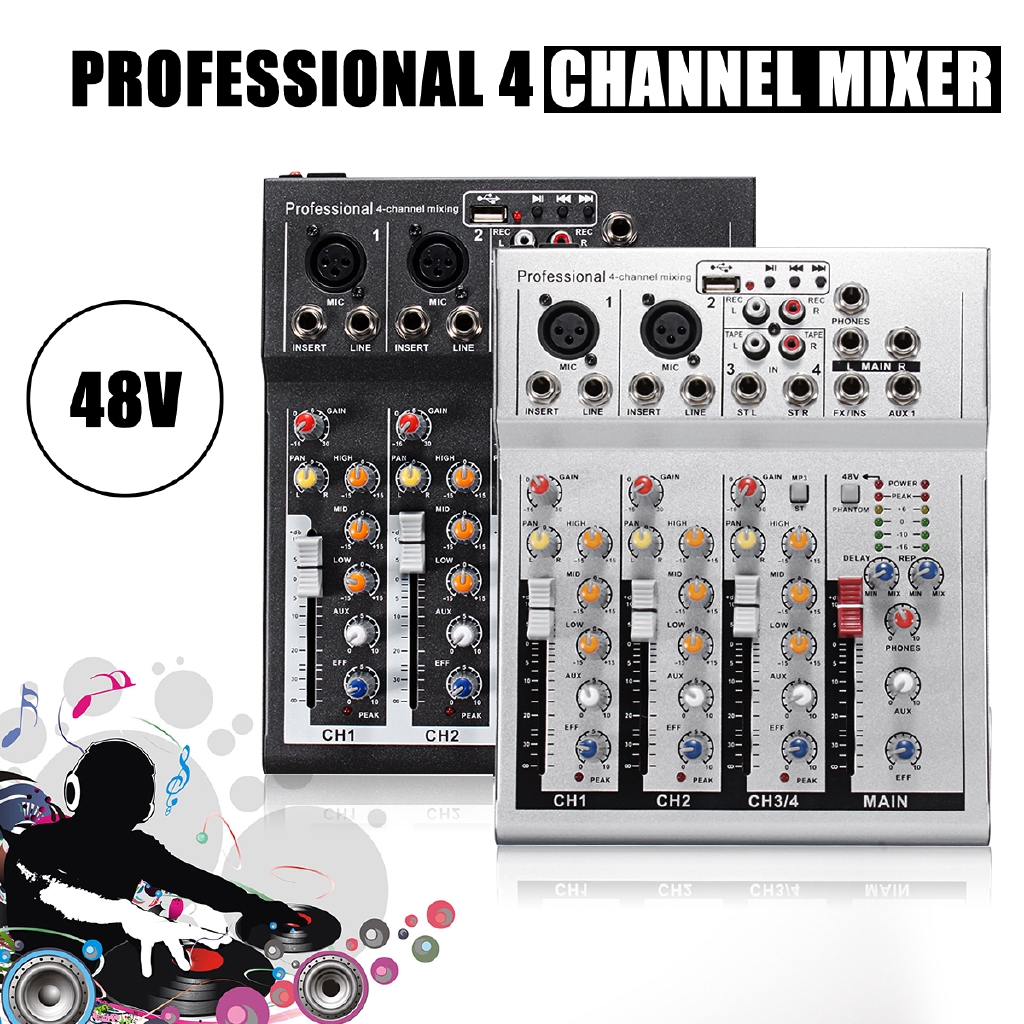 4 Channel Mixer Mini Professional Live Studio Audio Mixer USB Mixing ...