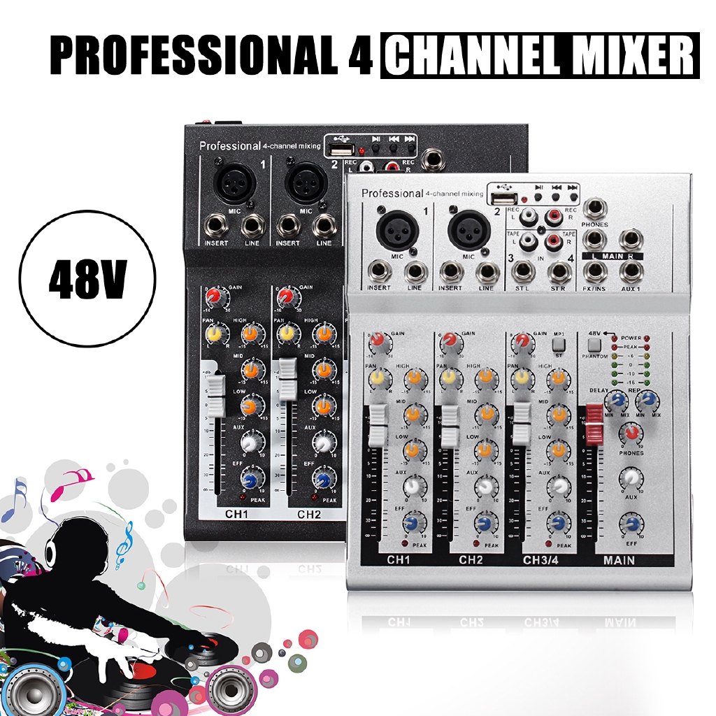 4 Channel Mixer Mini Professional Live Studio Audio Mixer USB Mixing