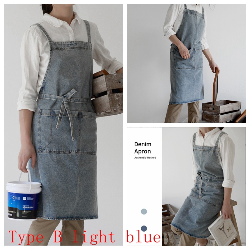 Ready Stock Popular Unisex Japanese Washed Denim Apron Plus Waterproof Apron Anti-Fouling Home Kitchen Chef Apron Barista Barber Chef Work Apron Bakery Restaurant Cooking Apron Bib