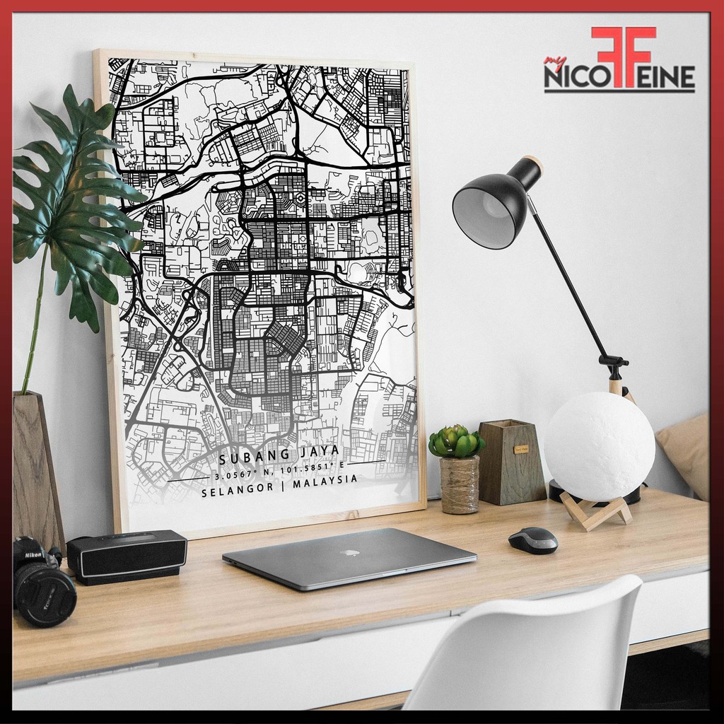 [Poster Only] Subang Jaya Selangor Minimal City Map with Coordinate Black and White Large Poster Print / Wall Art