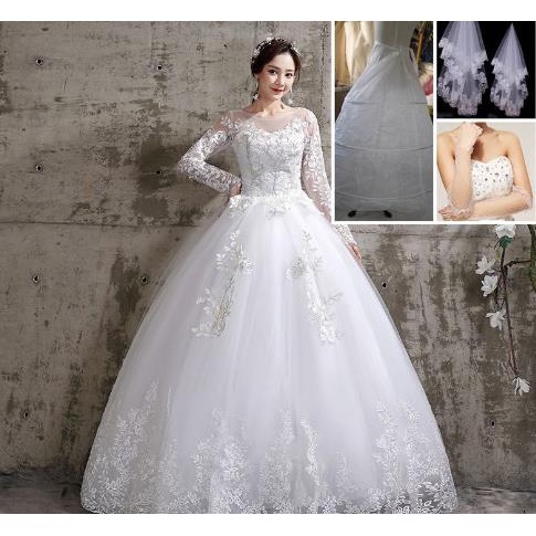 White Long Sleeve Lace Maxi Dress Floor Length Bridal Ball Gown Wedding Dress