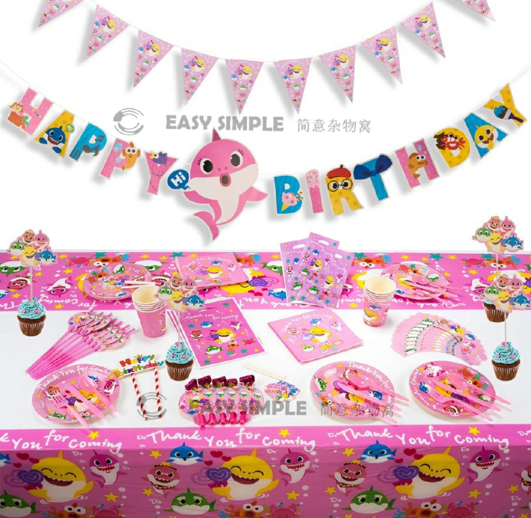 Ready Stock Kid Cute Pink Shark Party Supplies Birthday Decorations Set Pink For Girls Banner Topper Disposable Shopee Malaysia