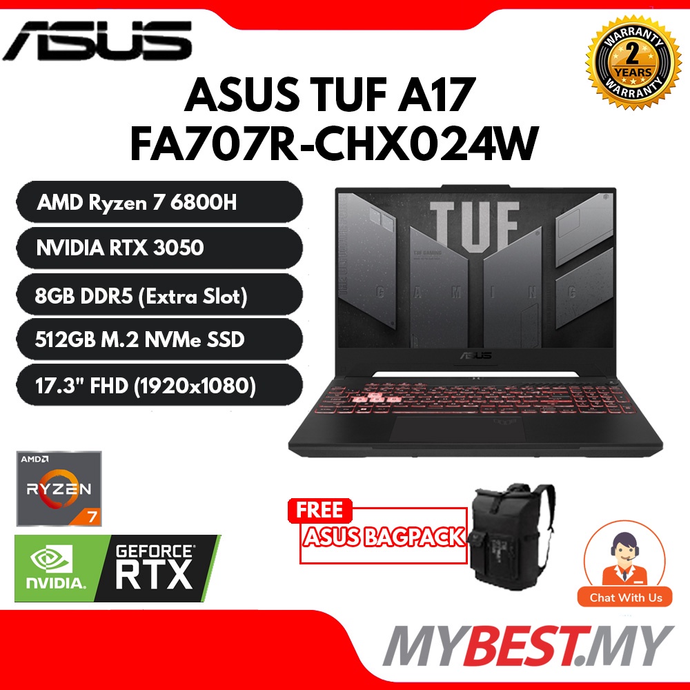 ASUS TUF Gaming A17 2022 FA707R-CHX024W Gaming Laptop (R7-6800H/ 8GB ...