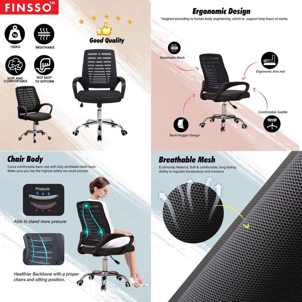 [READY STOCK] FINSSO: Adjustable Swivel Med - Back Mesh 4005 Office Chair with Chrome Leg (LIMITED UNIT)