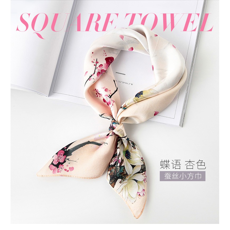 Women Elegant Square Silk Scarf Hair Tie Band Scarves Skaf Apricot