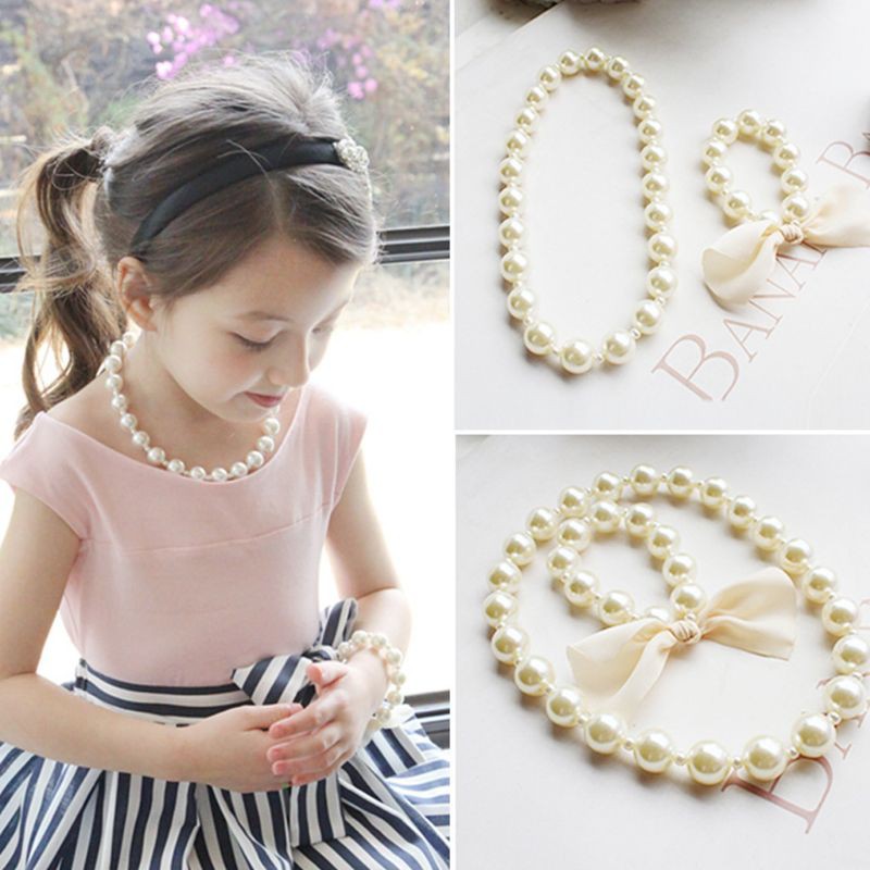 ✿INN✿ 1 Set Children Accessories Girls Jewelry Artificial Pearl Necklace Bracelet Set