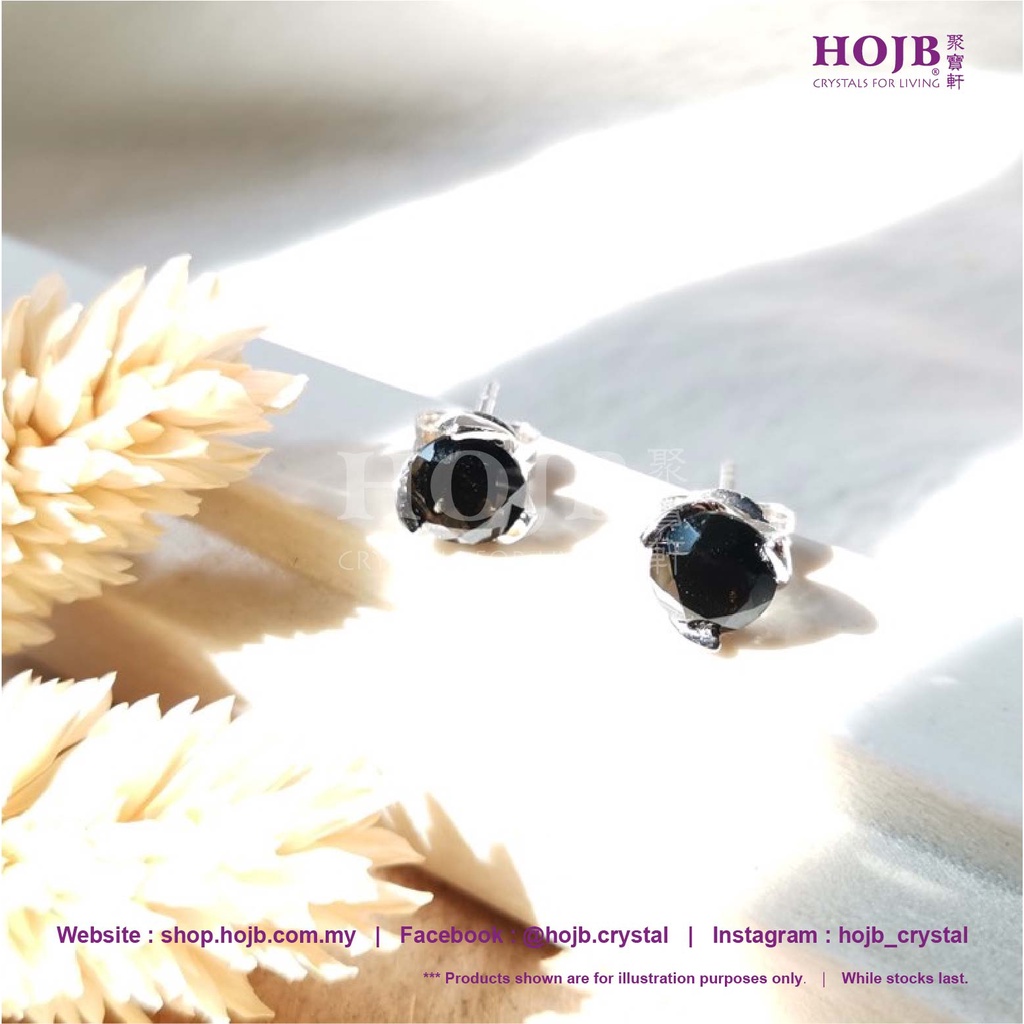 HOJB Natural Mexican Tektite Rose Shape S925 Silver Earring 6mm 聚寶軒天然墨西哥黑陨石玫瑰形S925银耳环6mm