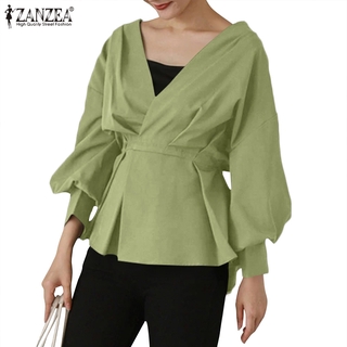 Image of ZANZEA Women Casual Solid Color V Neck Long Lantern Sleeve Lace-Up Blouse