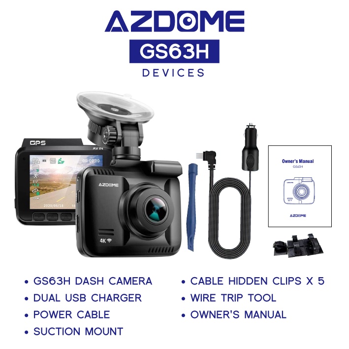 【AZDOME】GS63H Dash Cam Car Recorder 2160P Full HD Rear Cam Night Vision Parking Mode App Access GPS Wide Angle Dash Cam