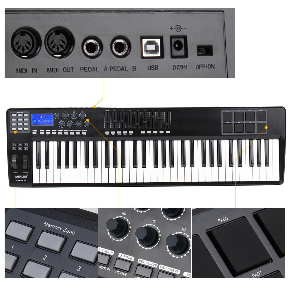 PANDA61 61-Key USB MIDI Keyboard Controller 8 Drum Pads with USB Cable