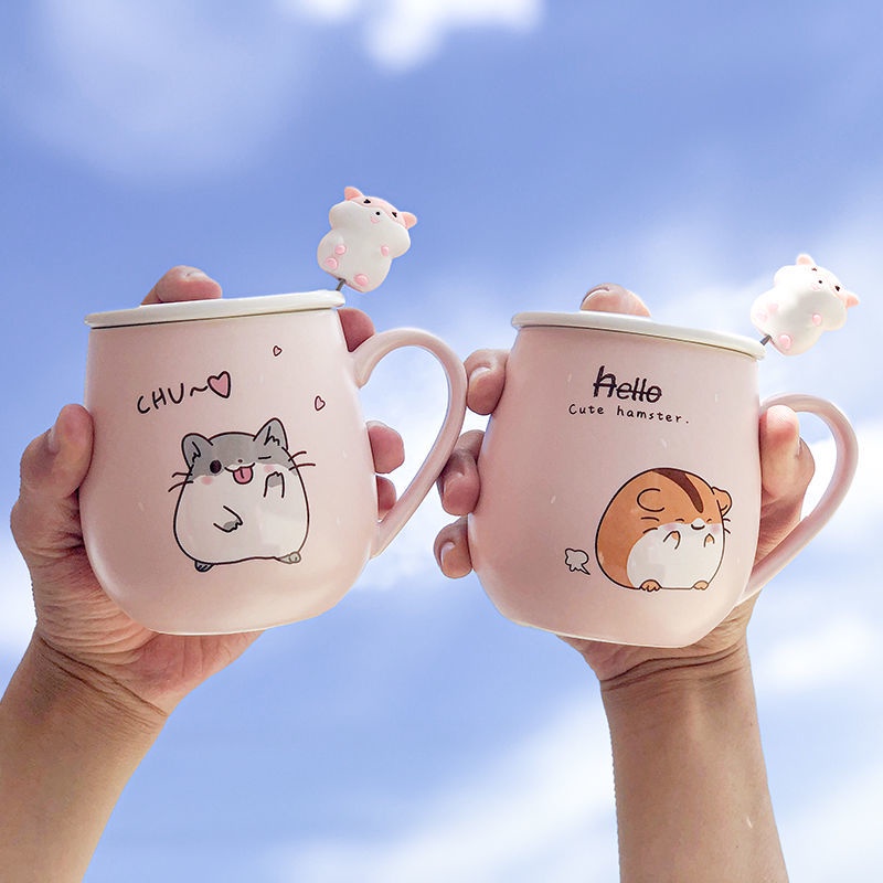 ♙Korean cute Cute cartoon ceramic mug net celebrity girlfriend breakfast  coffee cup couple with lid spoon water cup | Shopee Malaysia