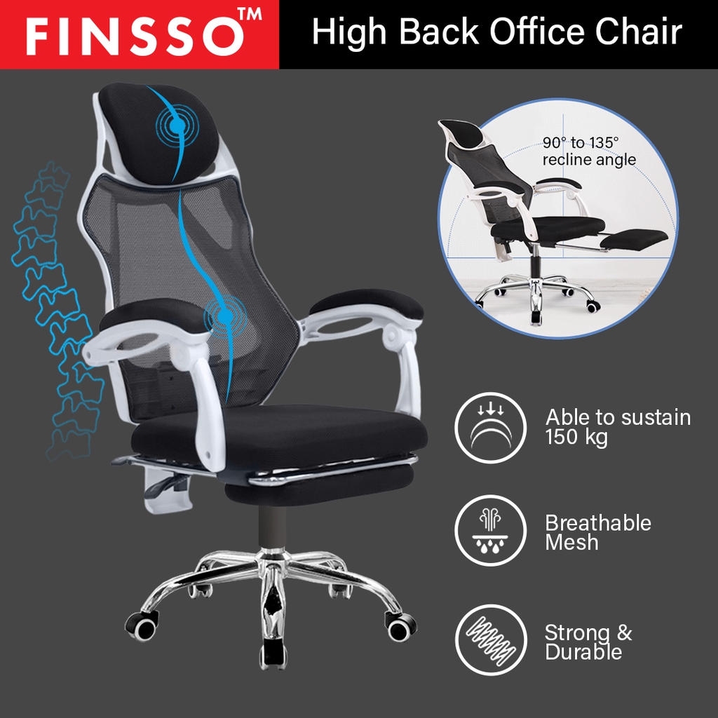 [READY STOCK] FINSSO: Mesh High Back Reclining Lock Office Chair With Hidden Leg Rest - Kerusi Pejabat