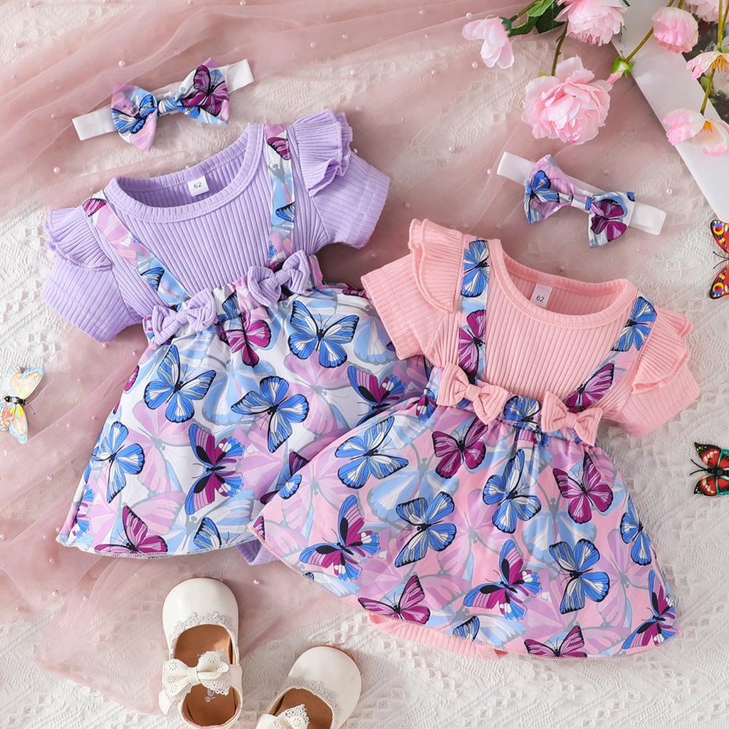 Dress Baby Girl Newborn 3 - 18 Months Baju Raya Kurung Gaun Budak Perempuan Murah Summer Short Sleeve Purple butterfly Cute Fashion Kids Princess Romper Dresses Kanak Kanak Perempuan