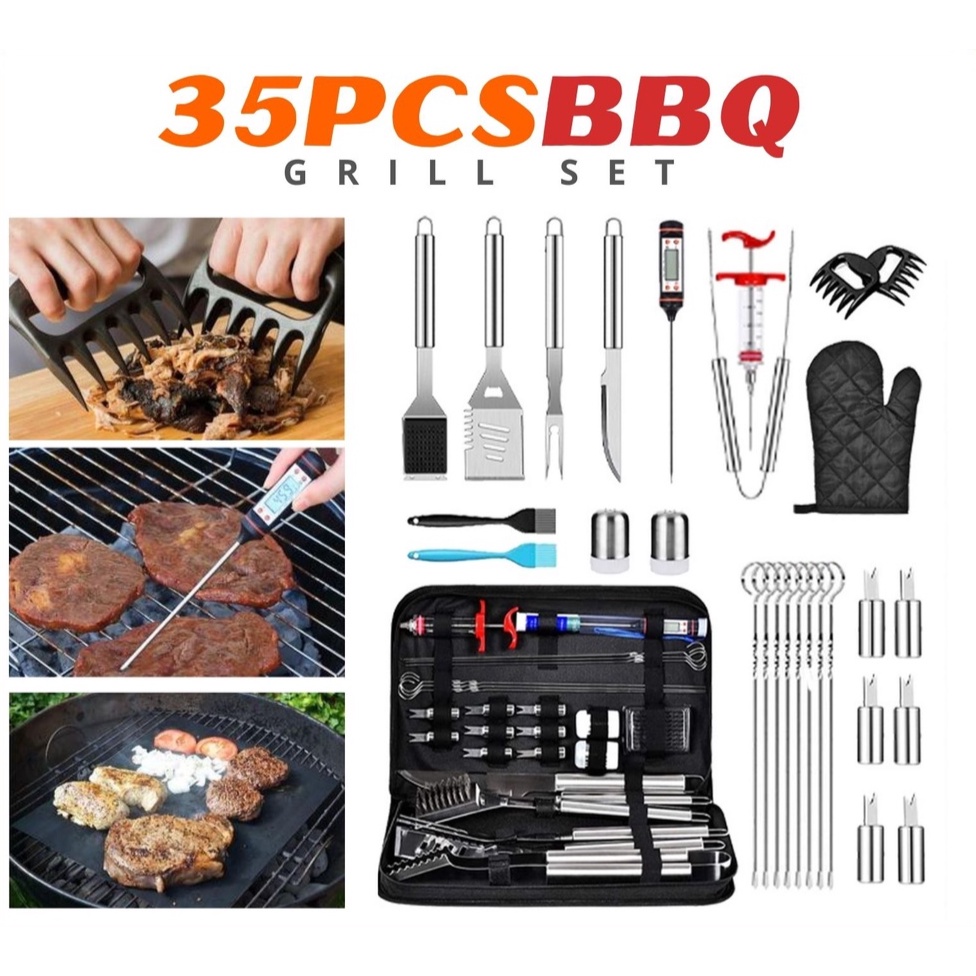 BBQ GRILL SET 35PCS Grill Accessories Tools Set Barbecue Sets Thermometer Steel Fork Tongs and Spatula Grilling Utensil