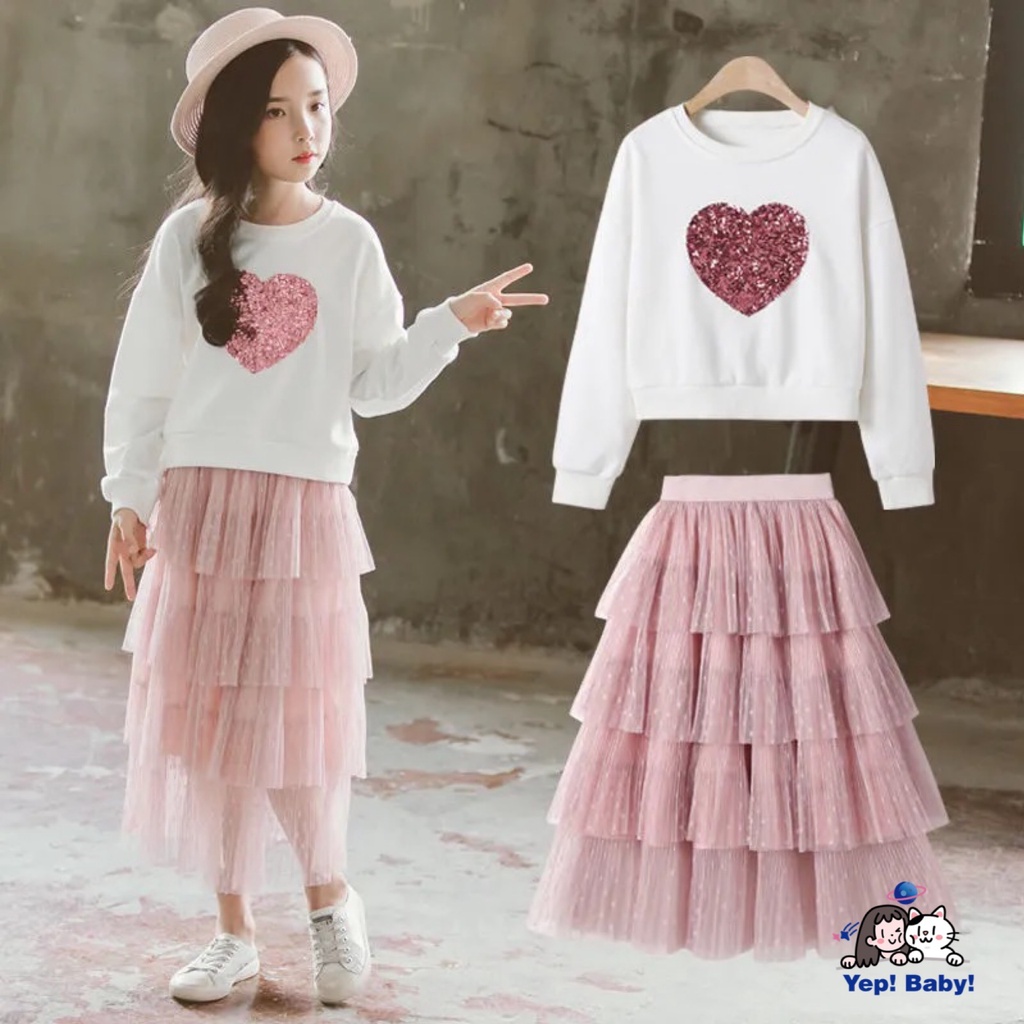 Short Skirt Outfit Little Girls Cute Sweet Clothes 2 Piece Kids Girls Spring Autumn Suit Round Neck Long Sleeve Heart Pattern T-Shirt Tops