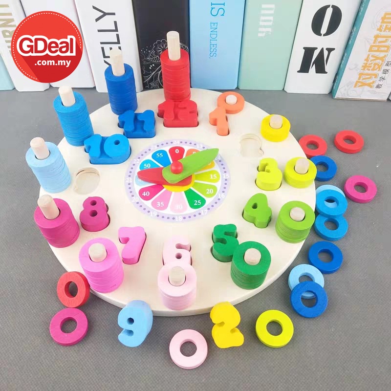 GDeal Early Education Preschool Learning Wooden Clock Numbers Colours Building Block Toy Puzzle
