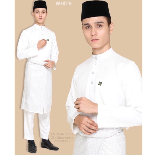  BAJU  MELAYU  MODEN SLIM FIT PUTIH  WHITE DEWASA ANAK 