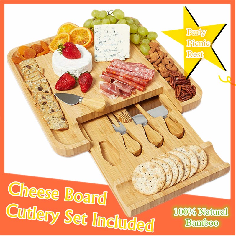 Bamboo Cheese Board Cutlery Set Included Pull Out Drawers 100