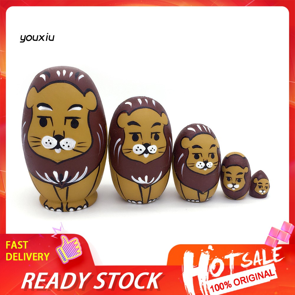 Qy 5pcs Set Egg Shape Cute Lion Nesting Dolls Wooden Figurine Matryoshka Kids Toy Shopee Malaysia - stacking doll egg roblox