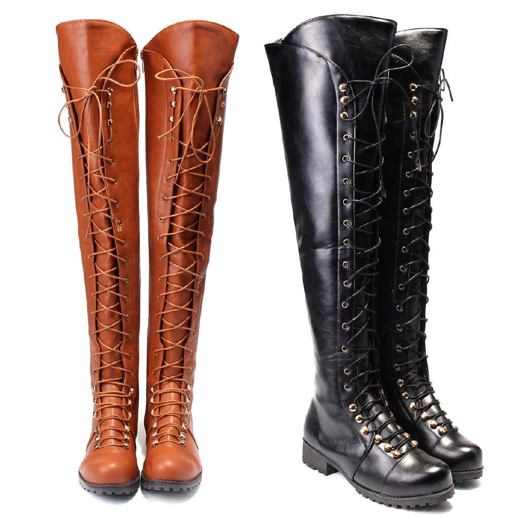 women's lace up knee high combat boots