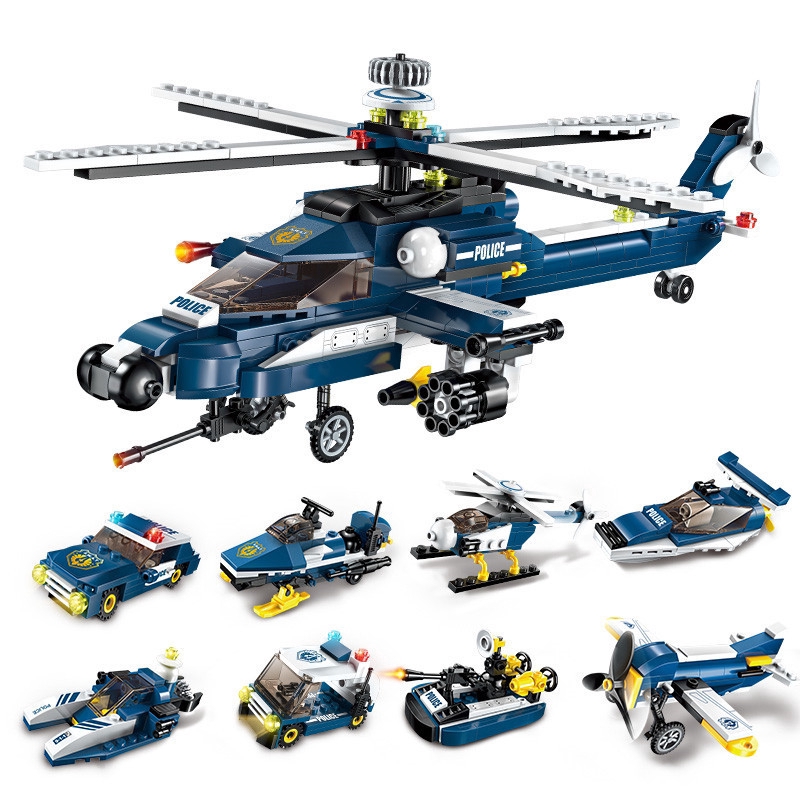 8 In 1 Helicopter Building Block DIY Police Car Model Compatible Lego Bricks Educational Toys Gifts for Children