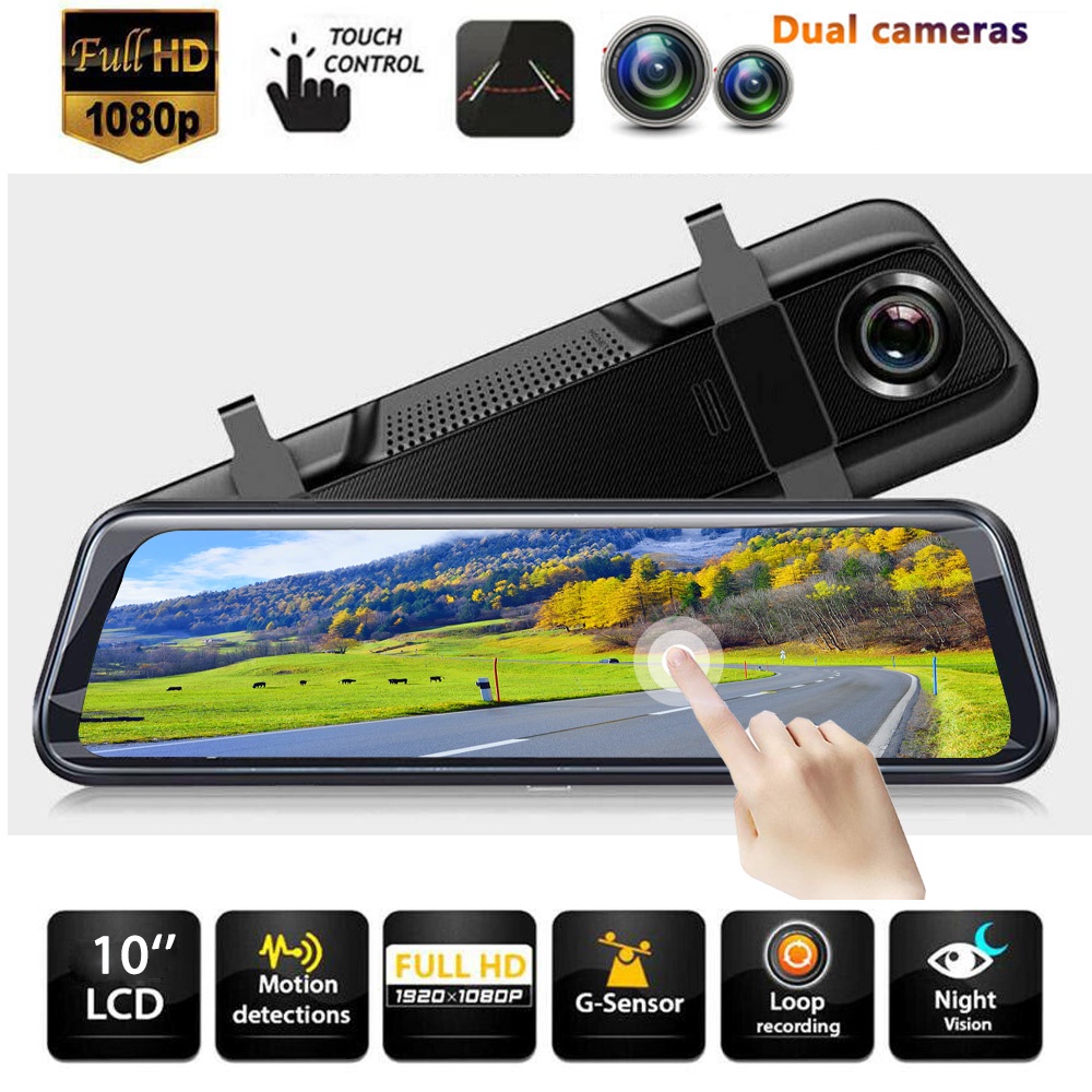 Parking Monitor Mirror Dash Cam WDR Loop Recording IPS 10 Full Touch Screen Dashcam 170° Wide Angle 1080P Stream Media Car DVR Recorder with Night Vision Motion Detection G-sensor 
