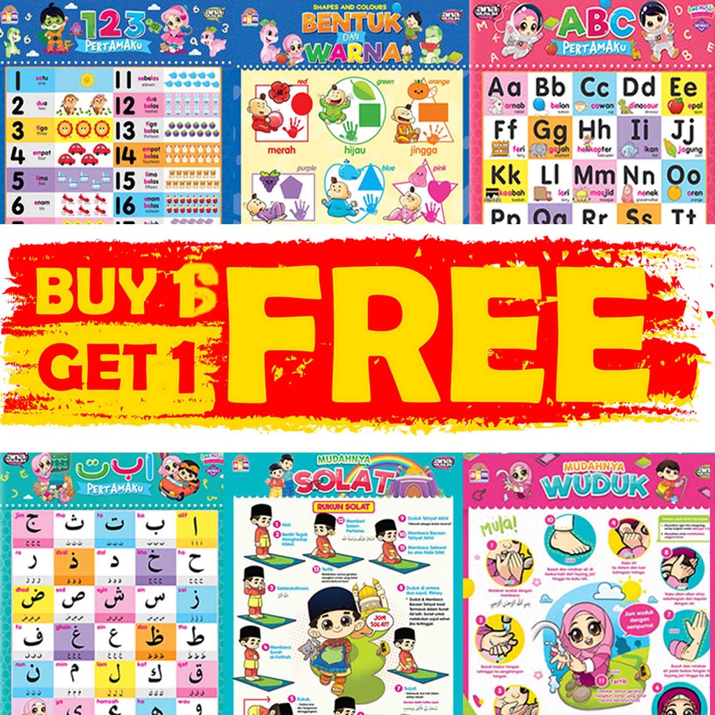 [BUY 6 = FREE GIFT] POSTER ANA MUSLIM ABC, 123, Alif Ba Ta, Wuduk ...