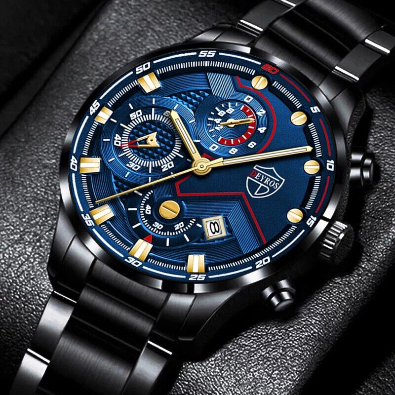 Deyros 2022 Newest Men Watch Fashion Chronograph Waterproof 12/24 Hour Automatic Date Display Men's Sports Watches Casual Stainless Steel Japan Quartz Jam Tangan Lelaki + Box