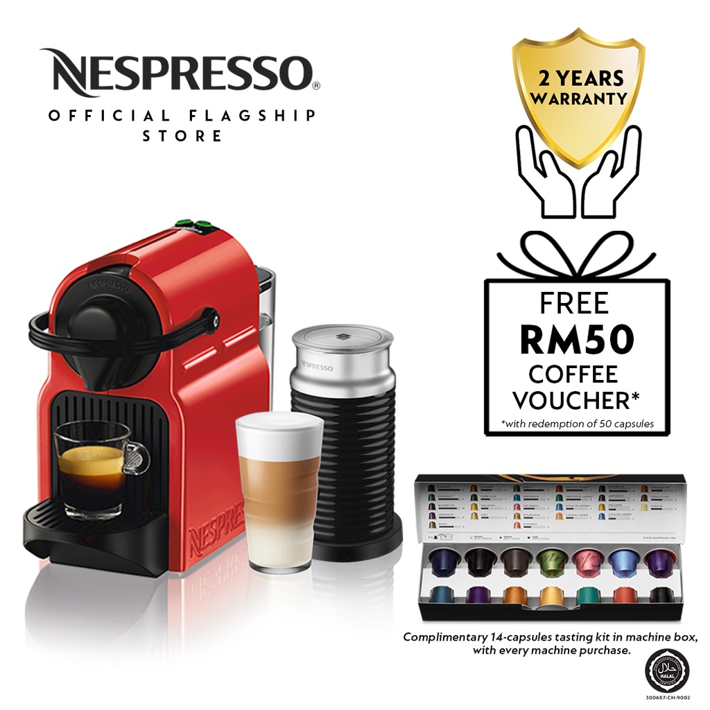 red nespresso machine with milk frother