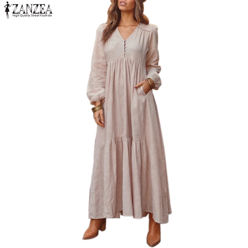 ZANZEA Women Sleeve V-Neck Vintage Casual Baggy Maxi Dresses