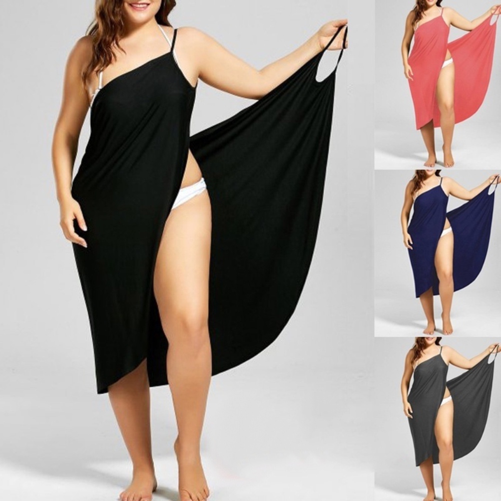 ChicAcces Plus Size Summer Beach Sexy Women Solid Color Wrap Dress Bikini Cover Up Sarongs