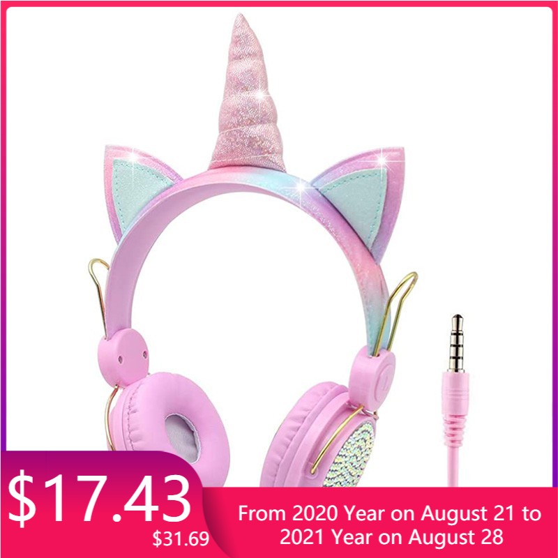 Cute Kids Headset Colorful Diamond Unicorn Girl Wired Headphones Music