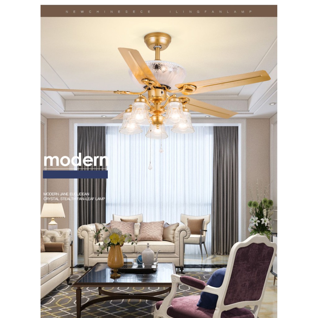 52 Inch Luxury 5 Metal Blades Gold Ceiling Fan With 5 Light 3 Speed Remote Control Decorative Ceiling Fan Light For Living Dining Room Shopee Malaysia