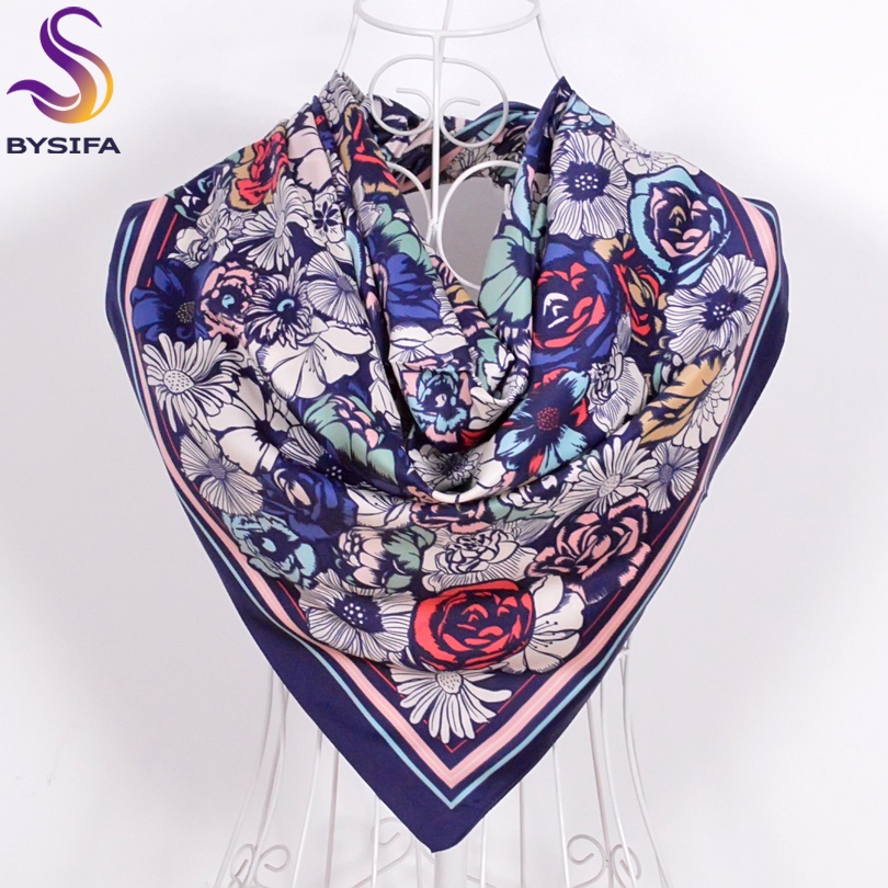 90*90cm Ladies Daisy Large Square Scarves New Spring Autumn Matt Satin Scarves Fashion Accessories Navy Blue Silk Scarf