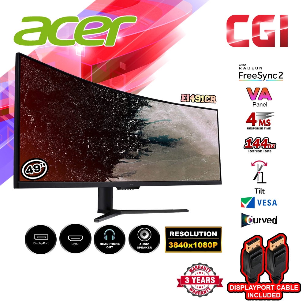 Acer 49 Ei491cr Va 144hz 4ms 3840 X 1080 Freesync Curved Gaming Monitor Shopee Malaysia