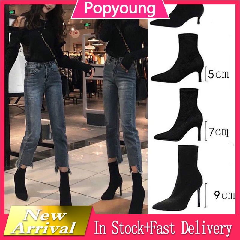 kasut perempuan new autumn winter high-heeled women's shoes pointy stiletto ankle boot black stretch skinny sock boot sexy Martin boot