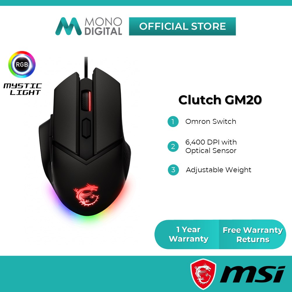 MSI Clutch GM20 Elite RGB Wired Gaming Mouse with Omron Switch, Optical