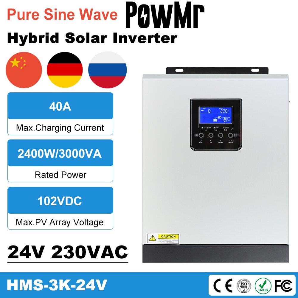 Work with Lead-Acid and Lithim Batteries PowMr 2400W 3000VA Solar Inverter with 40A MPPT Controller,24V DC to 220V AC Hybrid Inverter with 40A MPPT Solar Controller 