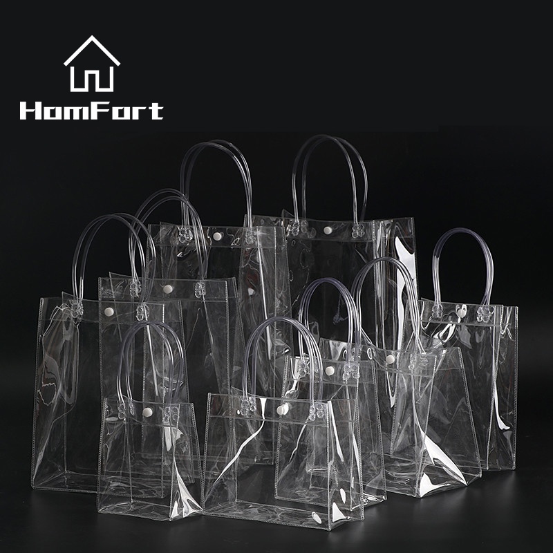 Transparent Soft PVC Gift Tote Packaging Bags with Button Hand Loop Clear Plastic Handbag Cosmetic Bag