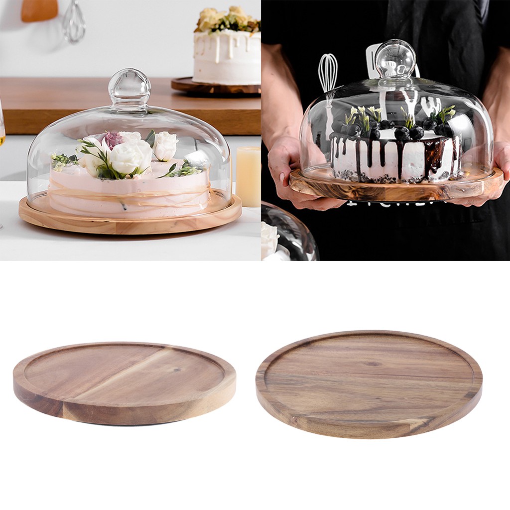 Rotating Flat Round Wood Server Cake Stands With Glass Dome, 2 Sizes