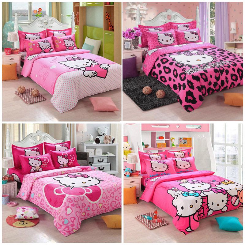 Cute Cartoon Twin Full Queen Size Cadar Hello Kitty Bed Sheets Bedding Sets Pillowcase Shopee Malaysia