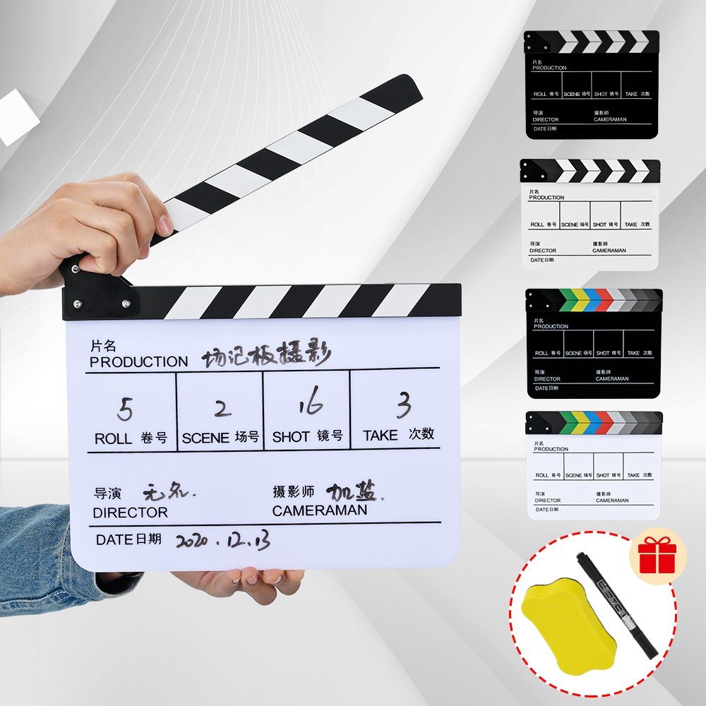 Selens Director Video Scene Clapper Board Acrylic Dry Erase Director TV Movie Film Action Slate Clap Cut Prop [Free Marker/Duster]