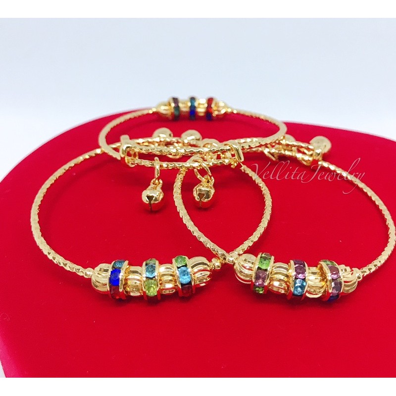 [VJ] Bangle "Colourful Cubic Zirconia Crystal" Adjustable Kids/Adults Bangle 999.9 Gold Plated