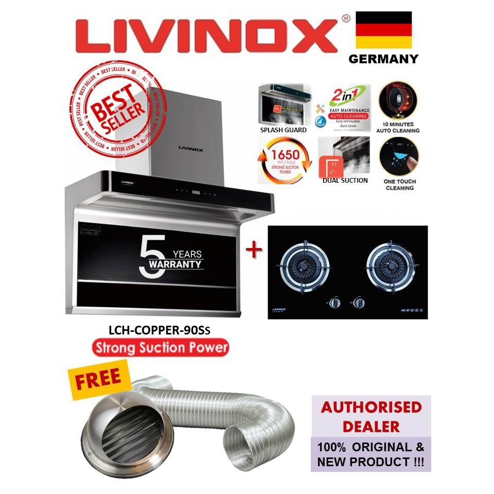 LIVINOX package cooker hood + gas hob (LCHCOPPER90SS) set Shopee
