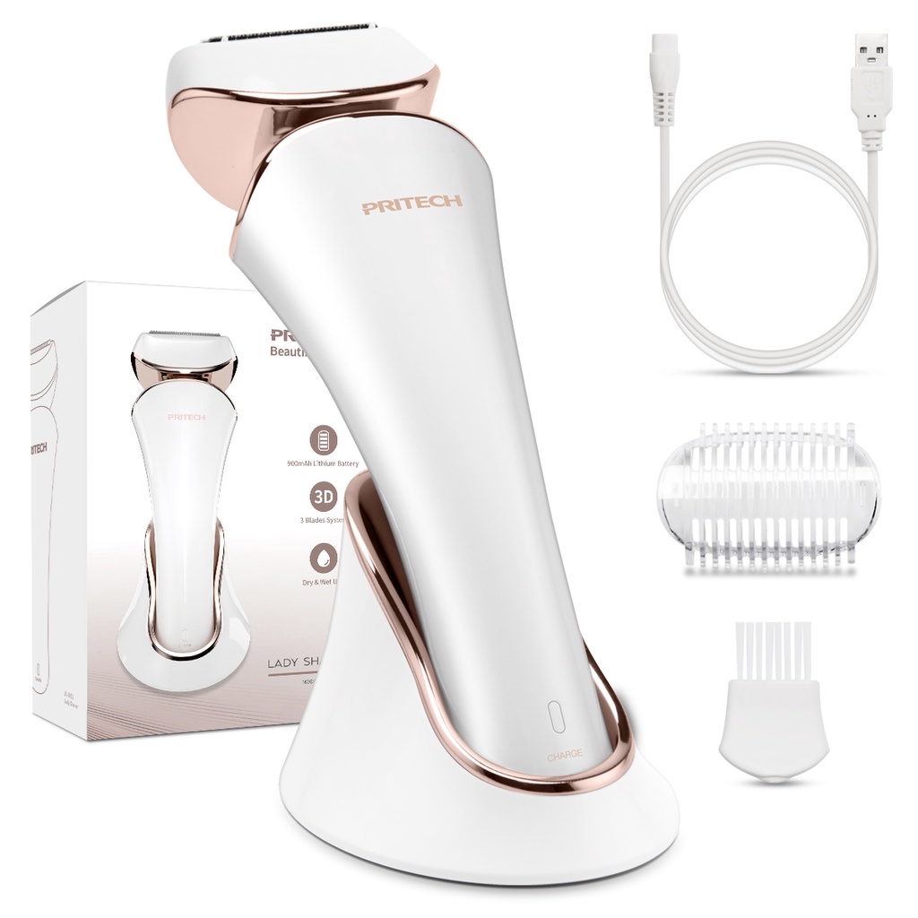 PRITECH IPX6 Waterproof Rechargeable Electric Shaver for Women Painless Lady's Razor Body Hair Removal Shaver Leg Armpit Pubic Pencukur Rambut Misai Portable Cordless Women's Bikini Trimmer