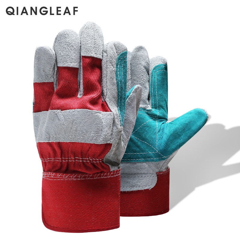 QIANGLEAF safety protection wear-resistant fireproof labor protection welding cow two-layer men's leather work gloves